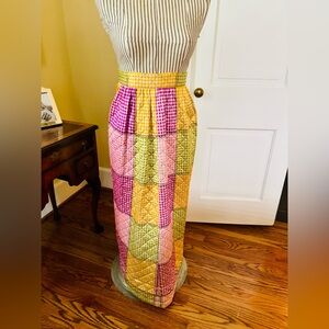 Vintage- yellow, green, purple plaid quilted maxi skirt. Hook&eye & zipper back.